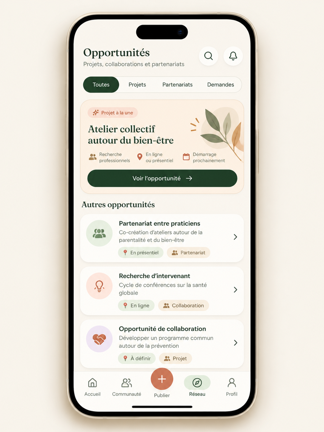 Écran des collaborations et opportunités